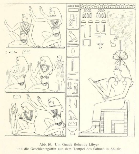 Abb. 16. Um Gnade flehende Libyer und die Geschichtsgöttin aus dem Tempel des Sahurê in Abusir
