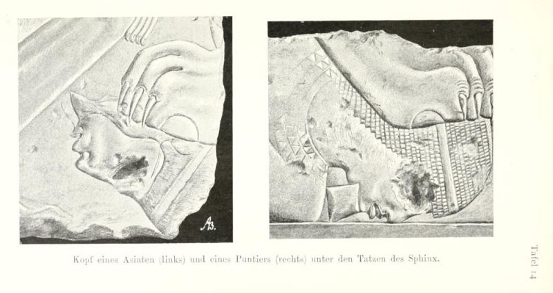 Tafel 14 Kopf eines Asiaten (links) und eines Puntiers (rechts) unter den Tatzen der Sphinx