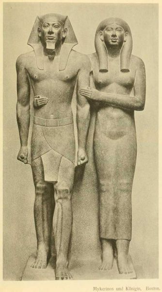 Tafel 1. Mykerinos und die Königin, Schiefergruppe, Boston; dazu Abb. 1 Köpfe der Gruppe Abb. 2 Alabasterstatue des Mykerinos in Boston, Kopf.