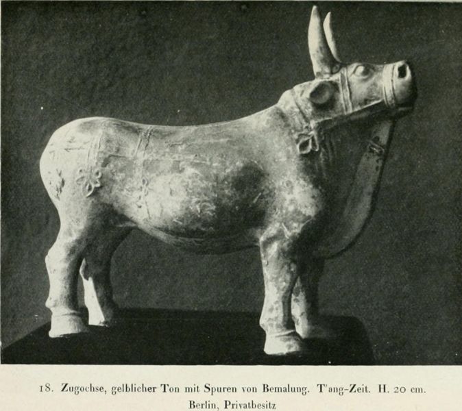 018. Zugochse, gelblicher Ton mit Spuren von Bemalung. Tang-Zeit. 