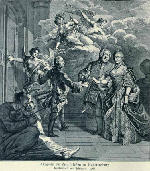 008 Allegorie auf den Frieden zu Hubertusburg Kupferstich von Schleuen. 1763