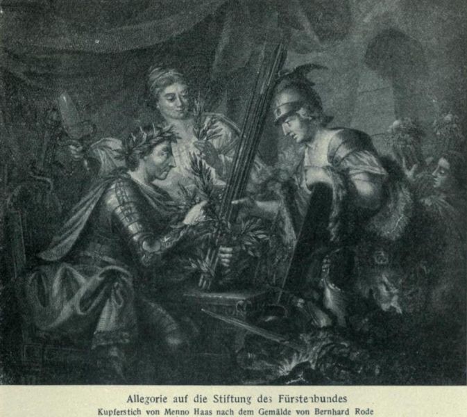 014 Allegorie auf die Stiftung des Fürstenbundes Kupferstich von Menno Haas nach dem Gemälde von Bernhard Rode