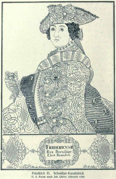 020 Friedrich II. Schreiber-Kunststück. D. A. Hauer nach Joh. Christ. Albrecht 1760