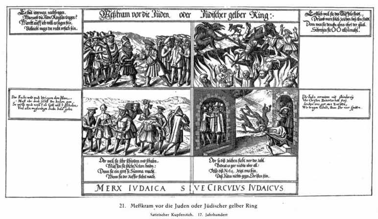 021. Messkram vor die Juden oder Jüdischer gelber Ring. Satirischer Kupferstich. 17. Jahrhundert
