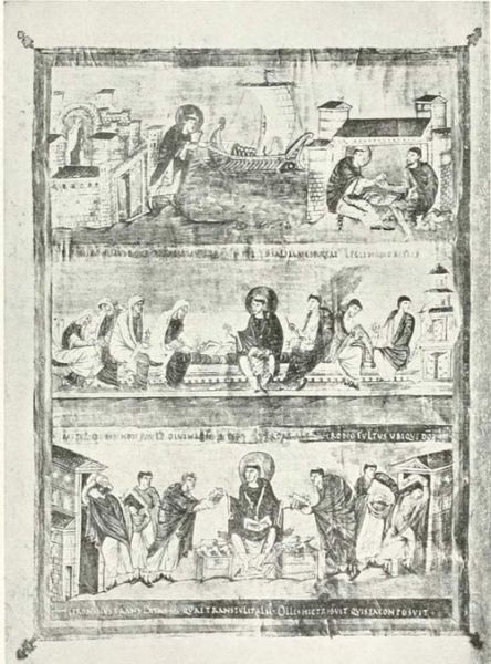 18. Der heilige Hieronymus, die Bibel übersetzend und an Mönche verteilend. Erste Bibel Karls des Kahlen. Paris. 