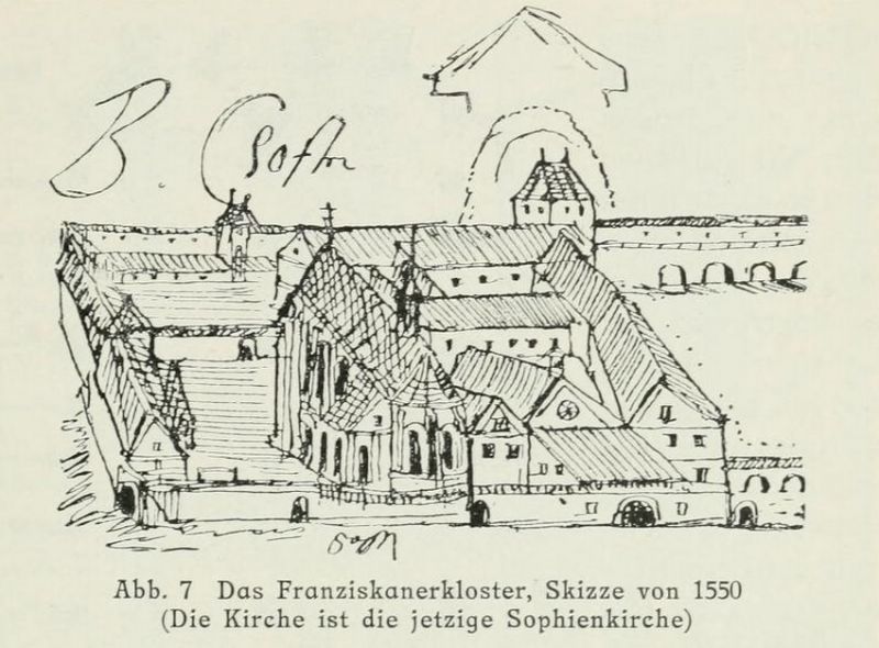 Abb. 7 Das Franziskanerkloster, Skizze von 1550 (Die Kirche ist die jetzige Sophienkirche)