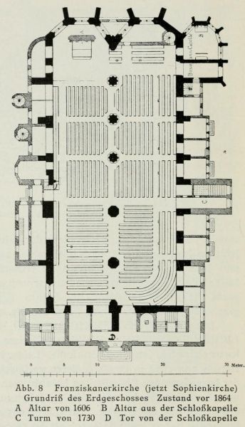 Abb. 8 Franziskanerkirche (jetzt Sophienkirche) Grundriss des Erdgeschosses Zustand vor 1864. A Altar von 1606, B Altar aus der Schlosskapelle, C Turm von 1730, D Tor von der Schlosskapelle 