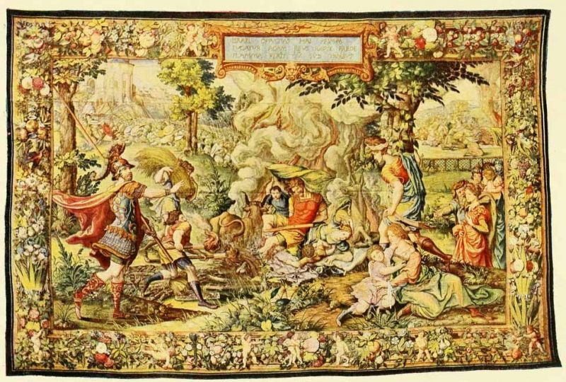 VII. Die Flucht der Israeliten vor Hai und die Verbrennung Achans (Josua, Kap. 7). — Brüssel, 16. Jahrhundert.