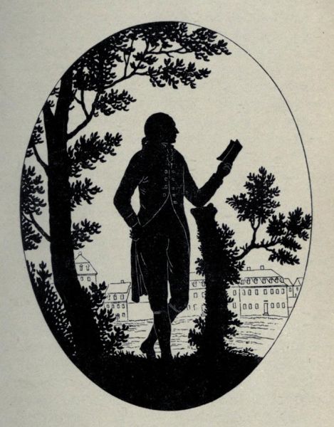 Goethe lesend. Im Hintergrund Goethes Haus am Frauenplan in Weimar. Schattenriss, 1782.