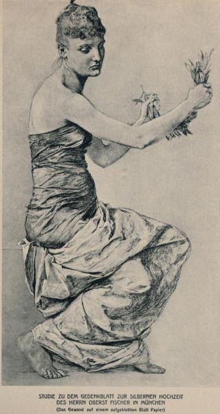 Studie zu dem Gedenkblatt zur Silbernen Hochzeit des Herrn Oberst Fischer in München (das Gewand auf einem aufgeklebten Blatt Papier) — Kreide, Pastell — Dresden, Kupferstich-Kabinett 