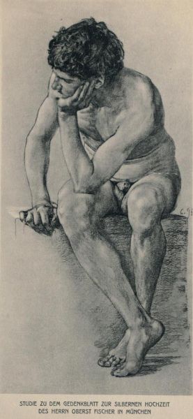 Aktstudie zu dem Gedenkblatt zur Silbernen Hochzeit des Herrn Oberst Fischer in München — Kreide und Pastell — Dresden, Kupferstich-Kabinett 