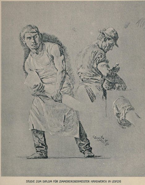 Studie zu dem Diplom für den Zimmererobermeister Handwerk in Leipzig, Arbeiter —Kreide usw. — Leipzig, Museum der bildenden Künste 
