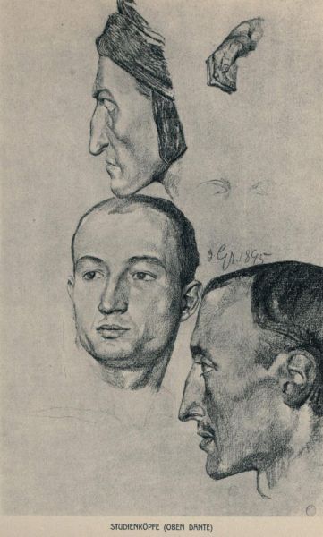 Studienköpfe, oben Dante — Kreide — Leipzig, Museum der bildenden Künste 