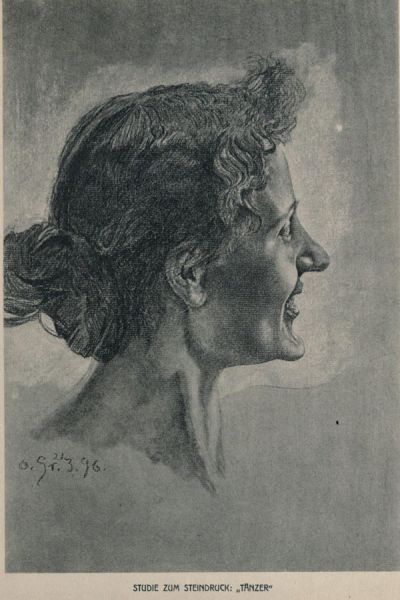 Studie zu dem Steindruck „Tänzer“, Frauenkopf — Kreide — Dresden, Kupferstich-Kabinett 