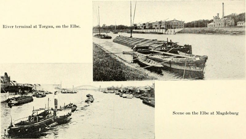 13. River terminal at Torgau on the Elbe. River scene on the Elbe at Magdeburg.
