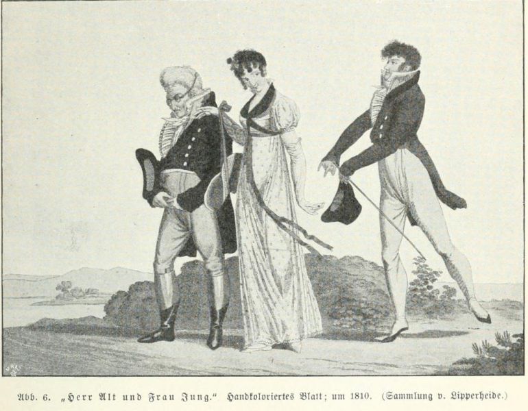 Abb. 6. „Herr All und Frau Jung.“ Handkoloriertes Blatt; um 1810. (Sammlung v. Lipperheide)