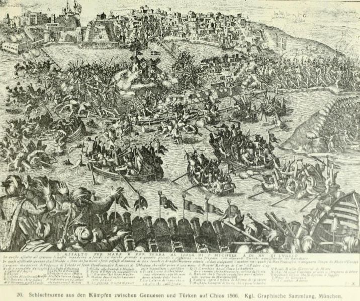 026. Schlachtenszene aus den Kämpfen zwischen Genuesen und Türken auf Chios 1566. Kgl. Graphische Sammlung München.