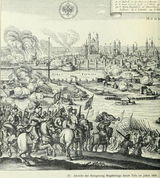 027. Ansicht der Belagerung Magdeburgs durch Tilly im Jahre 1631. Merians Theatrum Europaeum, erschienen zu Frankfurt a. M. 1637. Im Vordergrunde links Tillysche Kürassiere (Pappenheimer); rechts Kürassiere, die mit hinten aufgesessenem Fußvolk das Wasser überwinden, um sich zum Sturm auf die Zollschanze anzuschließen. Ein Teil des Fußvolks ist noch mit Spießen (Pike) versehen.