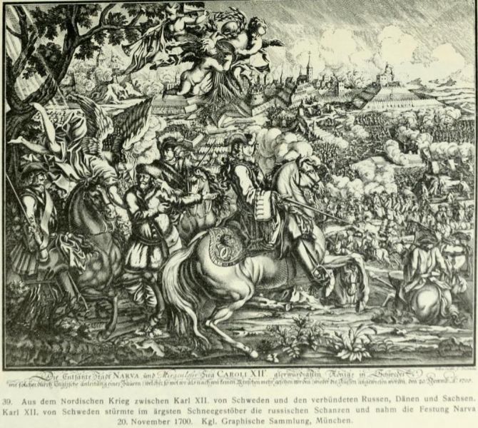 039. Aus dem Nordischen Krieg zwischen Karl XII. von Schweden und den verbündeten Russen, Dänen und Sachsen. Karl XII. von Schweden stürmte im ärgsten Schneegestöber die russischen Schanzen und nahm die Festung Nava am 20. November 1700. Königlich Graphische Sammlung München.