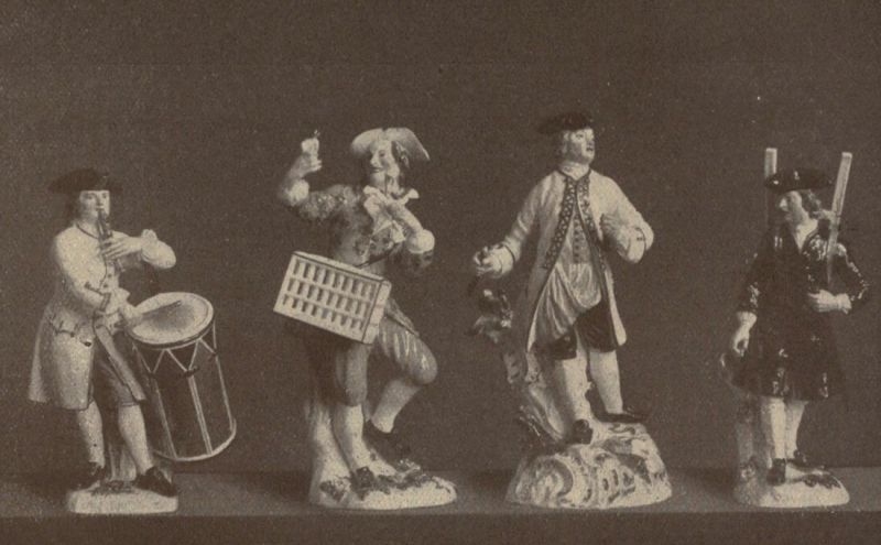 Tafel XV. Tambour, Vogelfänger, Tischler und Taburettkrämer. Modelle von Kaendler. Bunt bemalt