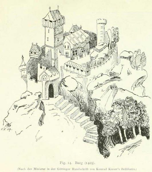 Fig. 14. Burg (1405). (Nach der Miniatur in der Göttinger Handschrift von Konrad Kiesers Bellifortis.)