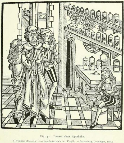 Fig. 42. Inneres einer Apotheke. (Jeronimus Brunswig, Das Apothekerbuch der Vergift. — Strassburg, Grüninger, 1500.)