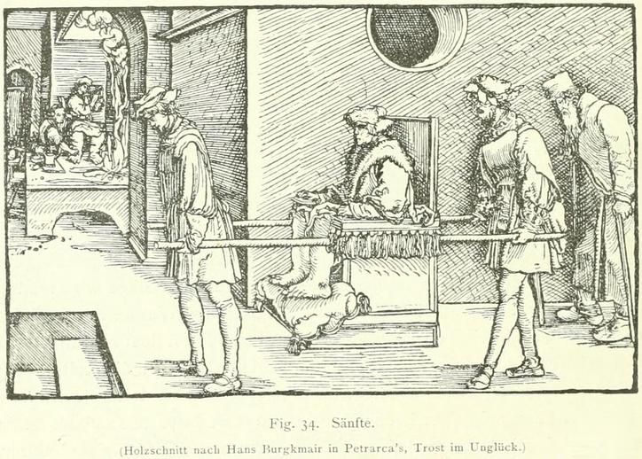 Fig. 34. Sänfte (Holzschnitt nach Hans Burgkmair in Petrarcas, Trost im Unglück.)