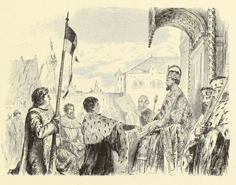 1. Die Belehnung des Burggrafen Friedrich I. von Nürnberg mit der Herrschaft über die Mark Brandenburg durch Kaiser Sigismund zu Konstanz 1417. Vignette zu Kapitel I der „Brandenburgischen Denkwürdigkeiten“. Geschnitten von UNZELMANN. 