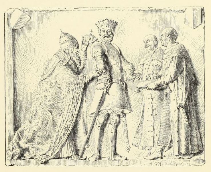 2. Kurfürst Friedrich II. geharnischt, dastehend zwischen zwei altpolnischen Fürsten zur Rechten, welche ihm die Königskrone Polens darbringen, und dem Papst auf der linken Seite, welcher ihm die Krone Böhmens anbietet. Vignette zu Kapitel II der „Brandenburgischen Denkwürdigkeiten“. Geschnitten von O. VOGEL. 