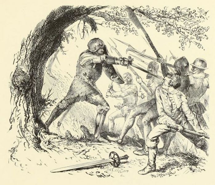 3. Kurfürst Albrecht Achilles im Kampf gegen auf ihn eindringende Bewaffnete. Vignette zu Kapitel III der „Brandenburgischen Denkwürdigkeiten“. Geschnitten von UNZELMANN. 