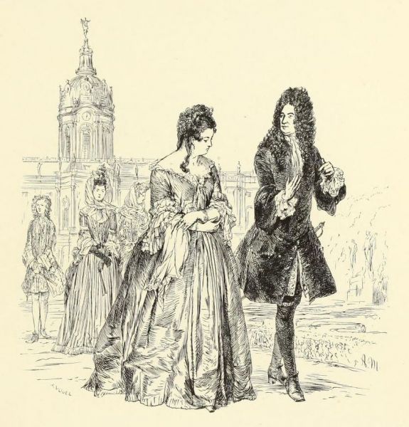 5. Königin Sophie Charlotte in der Unterhaltung mit Leibnitz vor dem Charlottenburger Schloss lustwandelnd. Vignette zu Kapitel VII der „Brandenburgischen Denkwürdigkeiten“. Geschnitten von A. Vogel. 