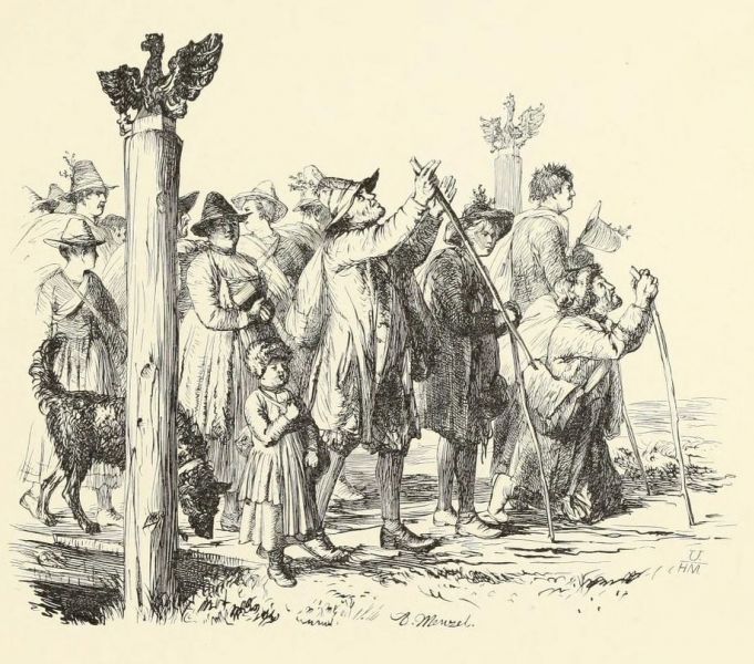 6. Die vertriebenen, von Friedrich Wilhelm I. aufgenommenen Salzburger überschreiten die preußische Grenze. Vignette zu Kapitel VIII der „Brandenburgischen Denkwürdigkeiten“. Geschnitten von UNZELMANN und MÜLLER. 