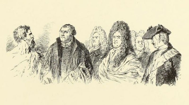 9. Die Bildnisse Luthers, Leibnitzens, Thomasius’ und des Herzogs Leopold von Anhalt einem mit dem Tier-Fell bekleideten Germanen der Urzeit gegenübergestellt. Vignette zu dem Aufsatz: „Sitten und Gebräuche unter der Herrschaft der Hohenzollern“. Geschnitten von A. VOGEL. 