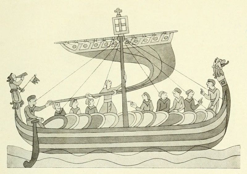 Fig. 8. Schiff Wilhelms des Eroberers ,,Mora“‘ auf der Tapete von Bayeux. (Nach Jubinal.)