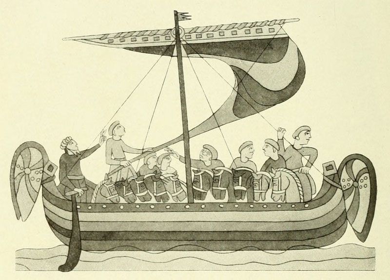Fig. 9. Normannisches Schiff mit Pferden auf der Tapete von Bayeux. (Nach Jubinal.)