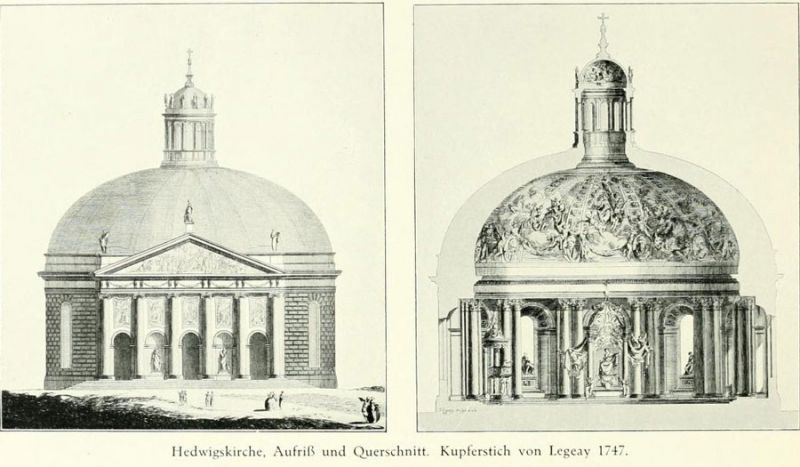 Hedwigskirche, Aufriss und Querschnitt. Kupferstich von Legeay 1747