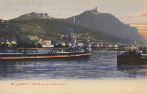 Königswinter, Blick vom Rhein auf Drachenburg und Drachenfels
