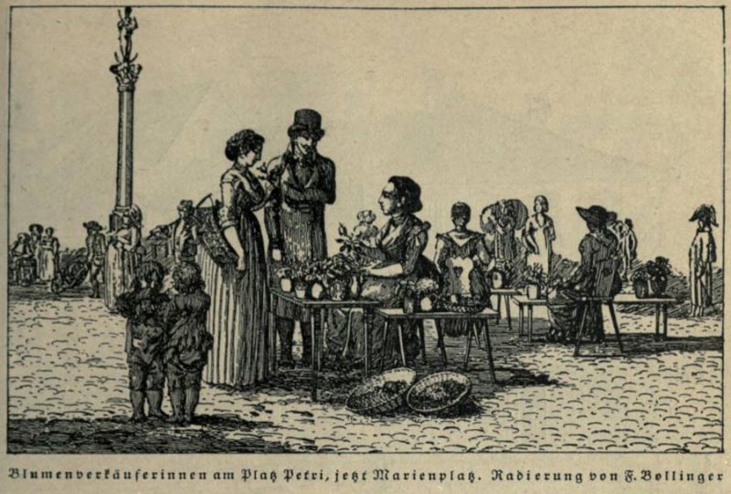 Blumenverkäuferinnen am Platz Petri, jetzt Marienplatz. - F. Bollinger.