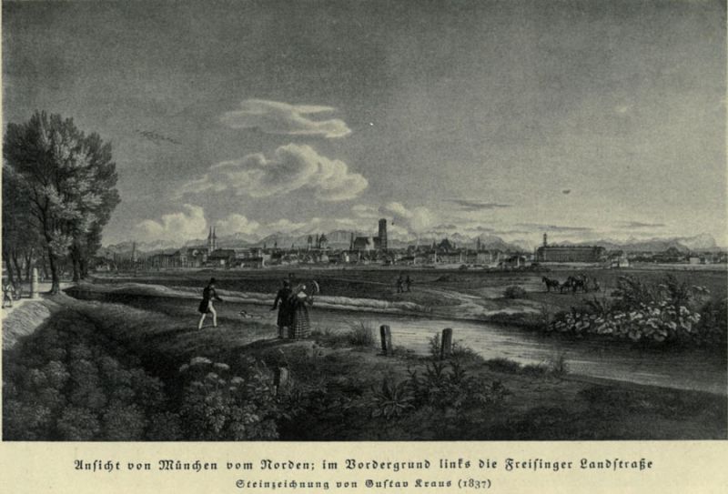 Ansicht von München vom Norden; in Vordergrund links die Freisinger Landstraße - G. Kraus 1837