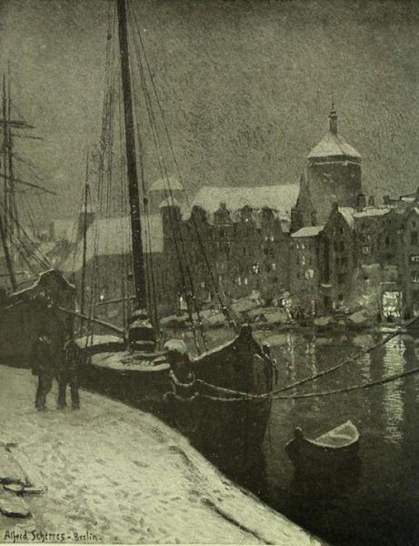 Danzig — The Mottlau and St. Johns Church (Winter Evening). Painted by Alfred Scherres