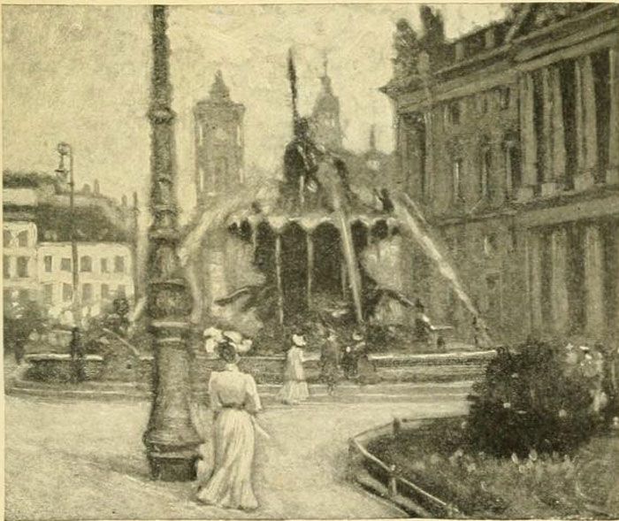 Berlin — Fountain of Neptune, with Royal Stables and Rathaus Tower. Drawn by Karl O Lynch von Town. 