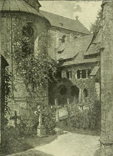 Hildesheim — Cathedral Cloisters. The Thousand-year Rose-bush. Painted by Alfred Scherres. 