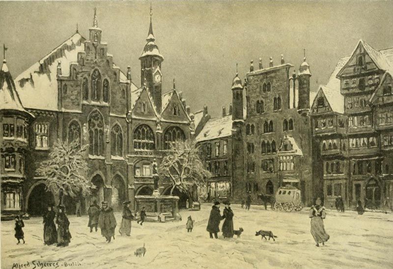 Hildesheim — The Rathaus (left). Temple House and Wedekind House in the Market-Place. Painted by Alfred Scherres. 