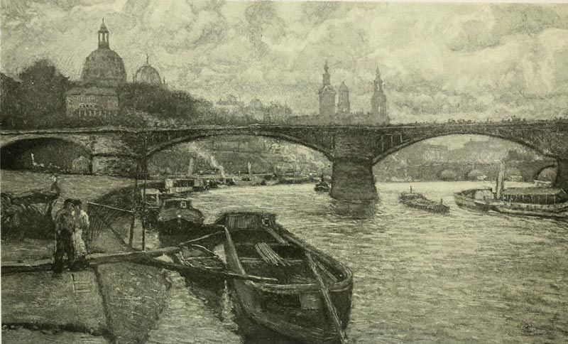 Dresden — Dresden from the left bank of the Elbe, the Queen Carola Bridge in the foreground, the old Augustus Bridge in the distance. Painted by Karl O Lynch von Town. 