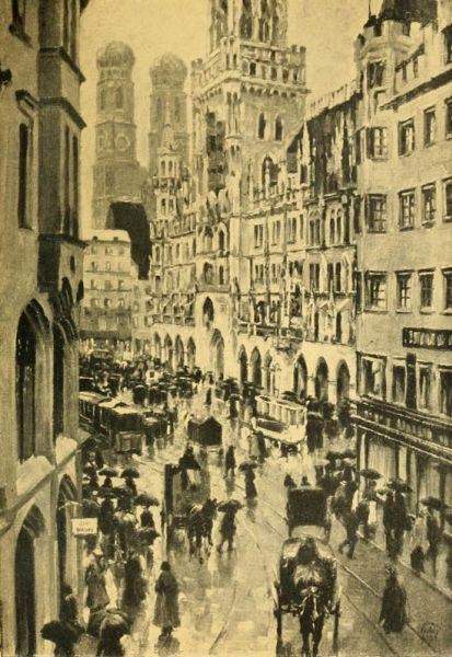 Munich — The New Rathaus in the middle ground, and the Towers of the Church of Our Lady, in the distance. Painted by Charles Vetter. 