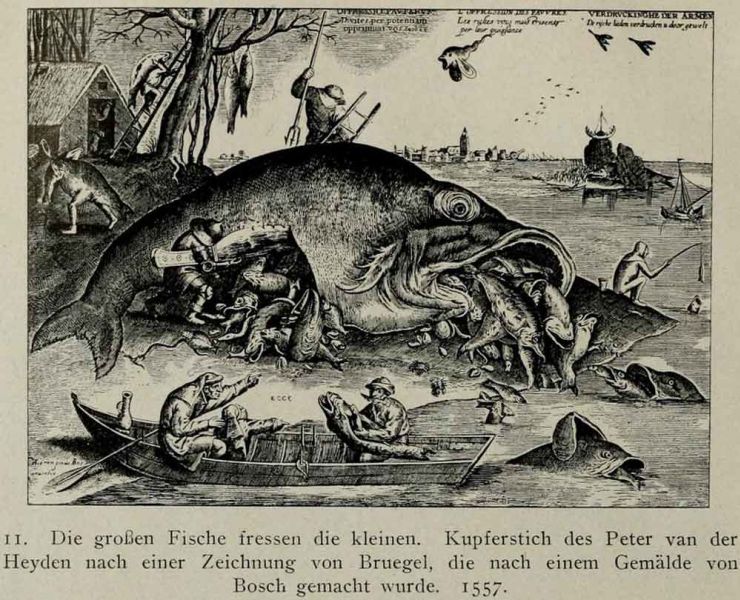 011. Die großen Fische fressen die kleinen. Kupferstich des Peter van der Heyden nach einer Zeichnung von Bruegel, die nach einem Gemälde von Bosch gemacht wurde. 1557