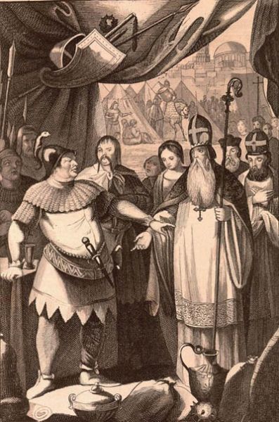 Leo I., der Gro&szlig;e bewegt den Hunnenk&ouml;nig Attila zum R&uuml;ckzug. Stahlstich 19. Jahrh.