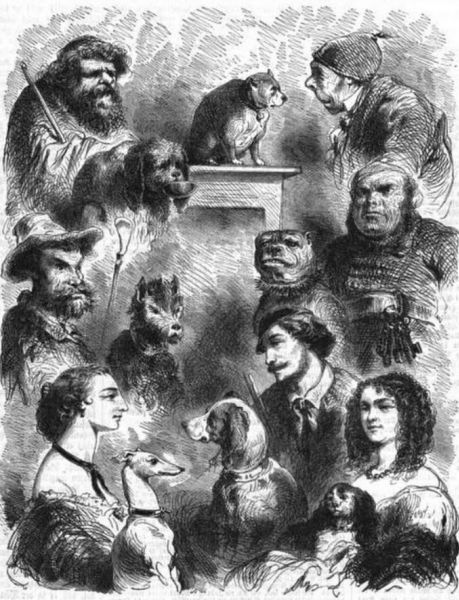 Gesichter von Menschen und Hunden