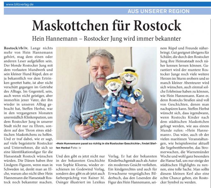 Maskottchen für Rostock. Hein Hannemann - Rostocker Jung wird immer Bekannter. Blitz 10.05.2015