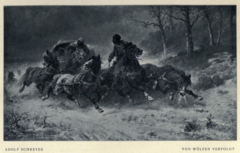 Wölfe, Von Wölfen verfolgt, Adolf Schreyer (1828-1899)